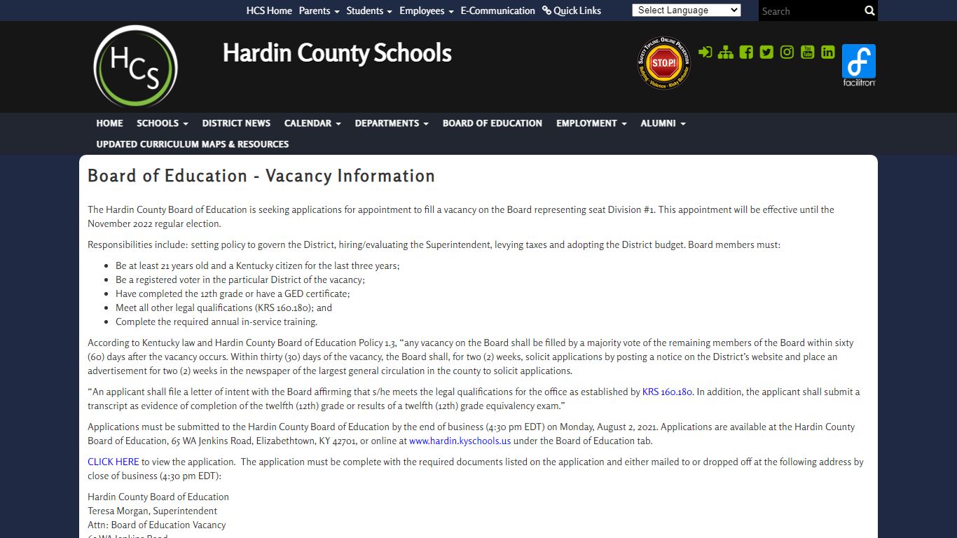 Board of Education - Vacancy Information - Hardin County Schools